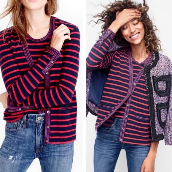 J. Crew Sweaters - J. CREW STRIPED CARDIGAN SWEATER METALLIC TRIM NAVY RED, Cotton Womens XXS